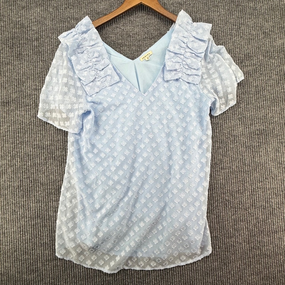 Jodifl‎ Blouse Womens Large Blue Excellent Ruffle Clip Dot V-Neck H8520-1
